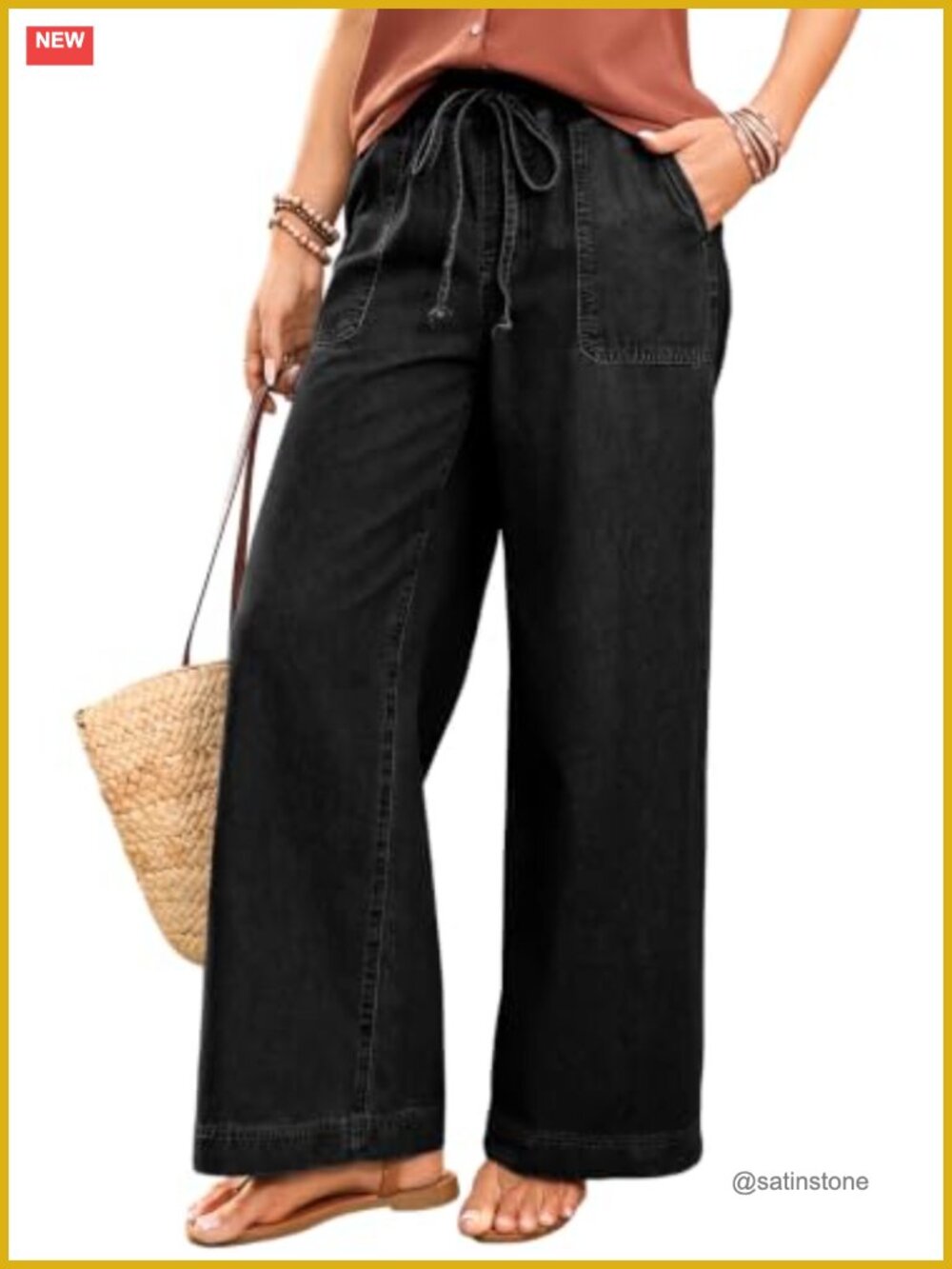 High Waisted Drawstring Wide Leg Jeans Elastic Waist Baggy Fit with Pockets